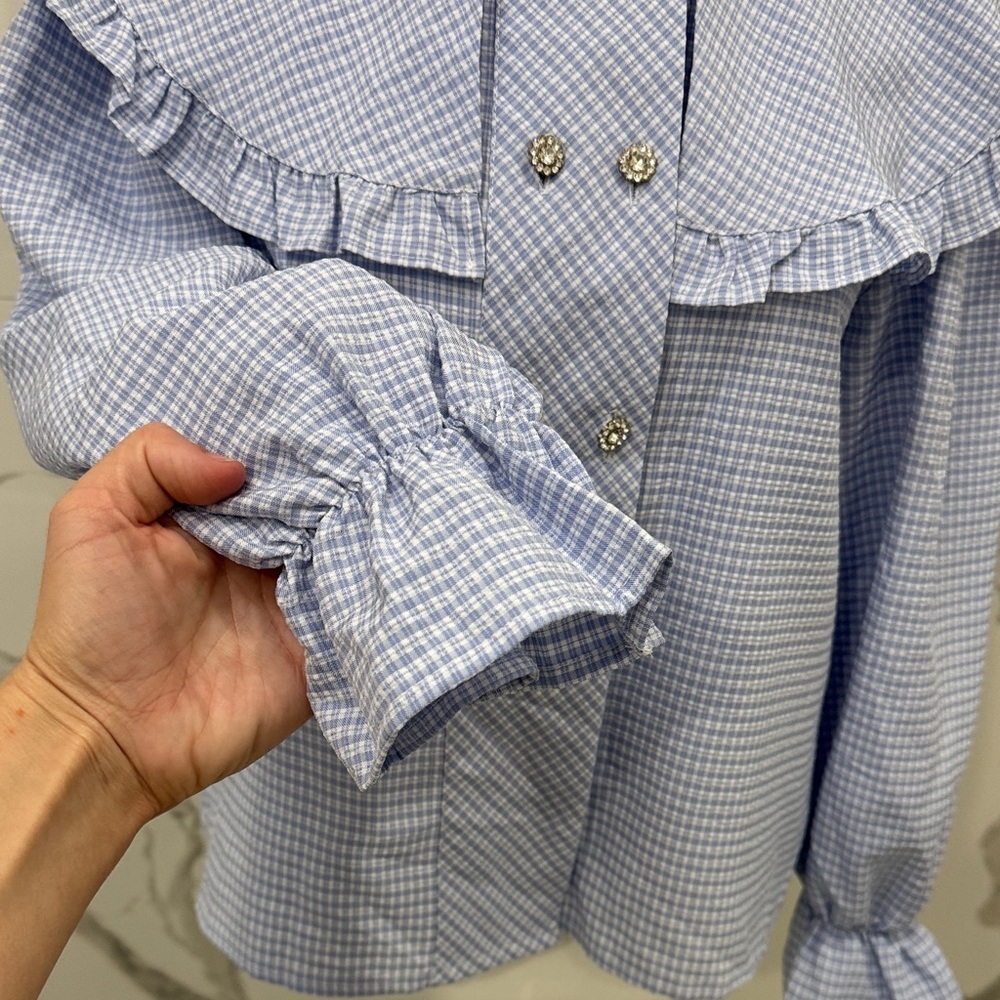 J.ING Light Blue Gingham Ruffle Collar Blouse - Picture 6 of 9